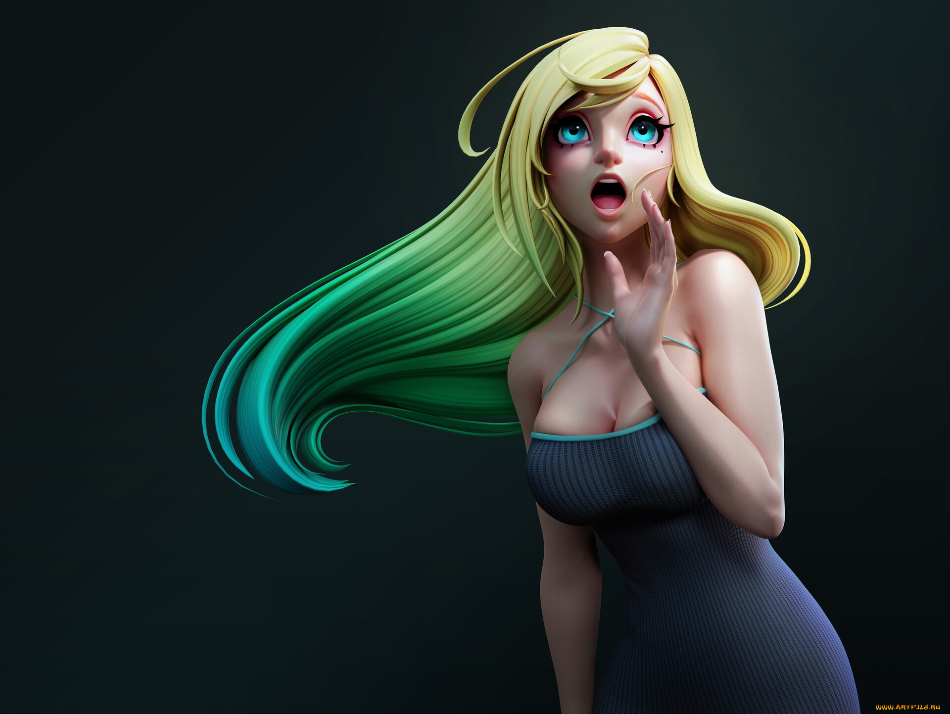 3 ,  , people, blue, eyes, women, blonde, digital, art, anime, girls, open, mouth, simple, background, neckline, tight, dress